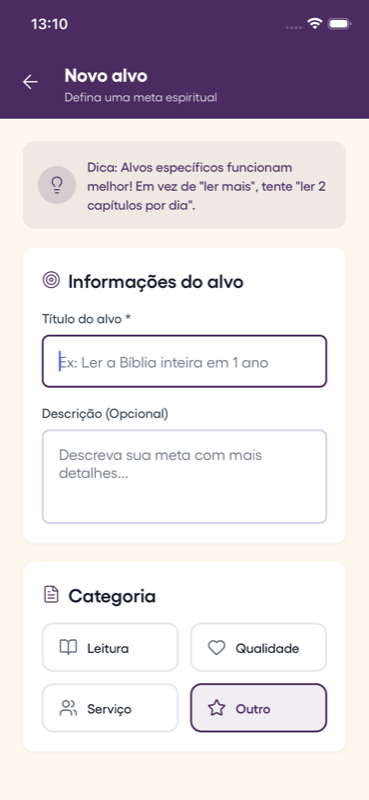 Spiritual goals screen