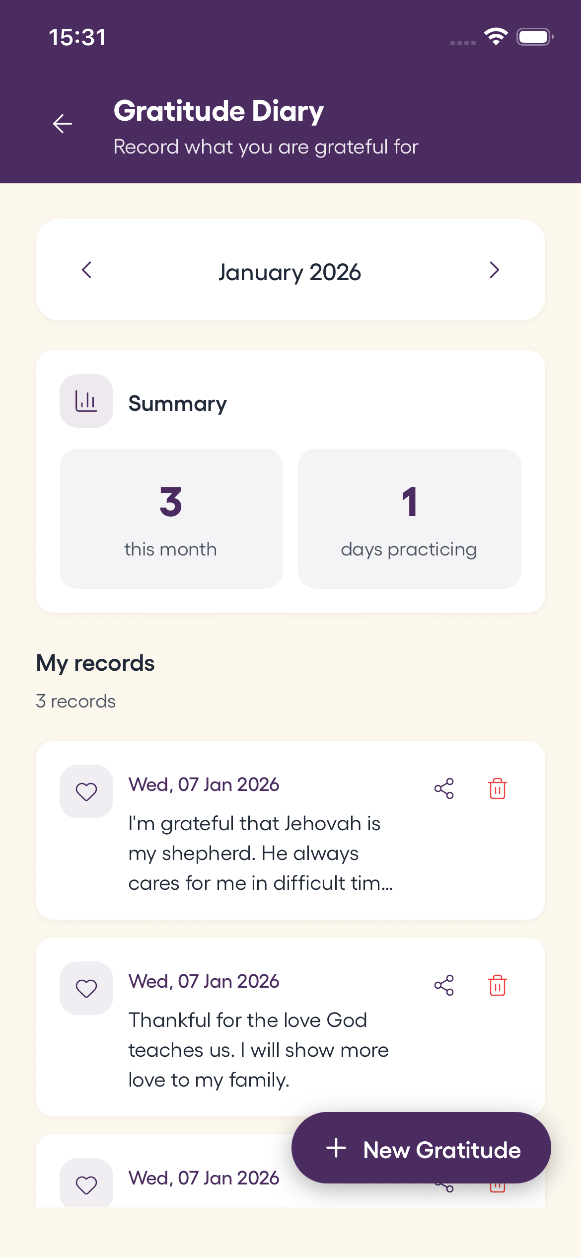 Gratitude journal screen